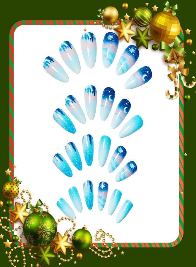 CJDLTS Christmas Press on Nails Medium Almond Shaped White Snowflake Moon Stars Design Xmas False Nail Full Cover Glossy with Glitter Winter Stick on Nail Artificial Acrylic Glue on Nails for Women 24Pcs - Image 2
